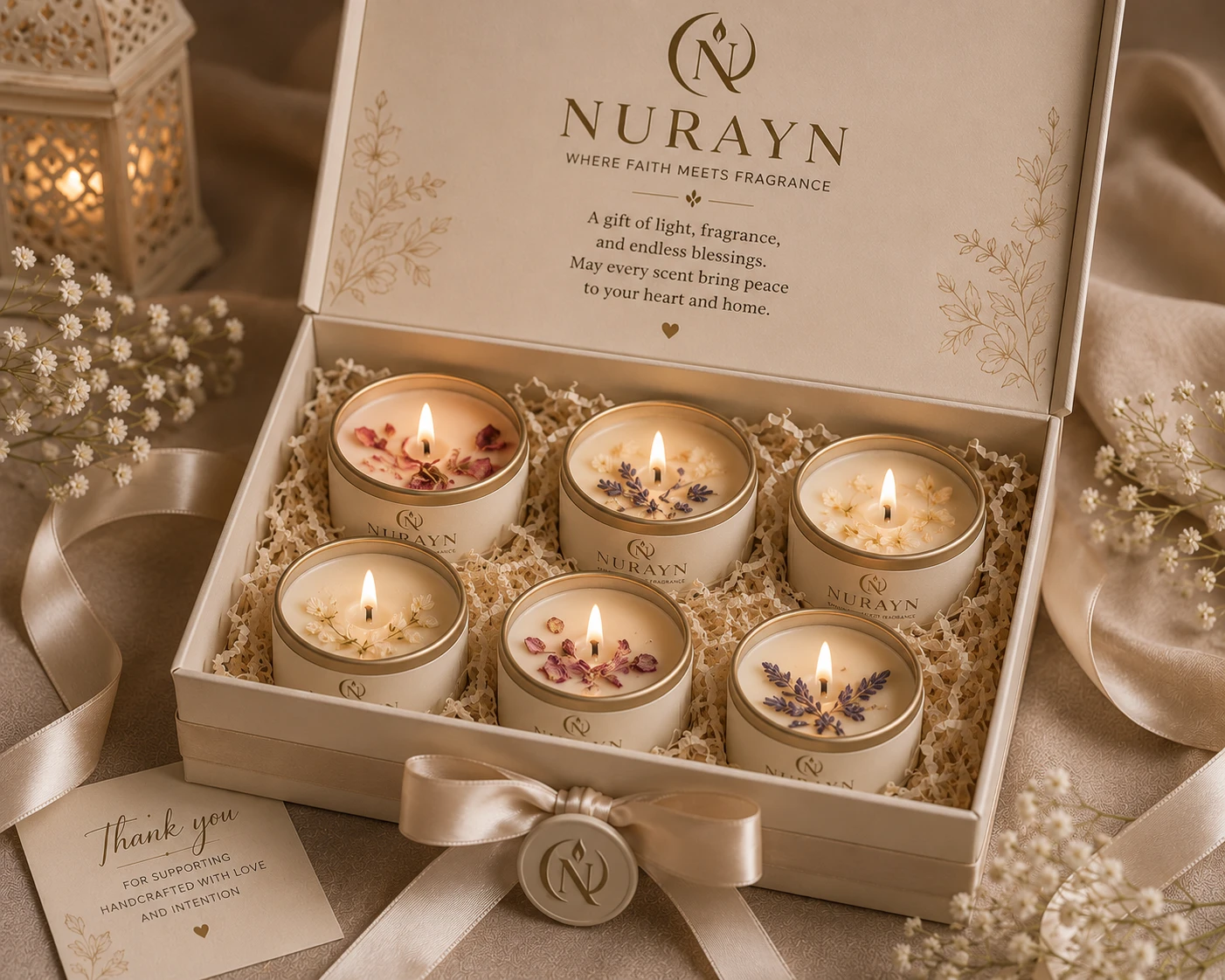 NURAYN gift box holding six petite candles with dried flowers